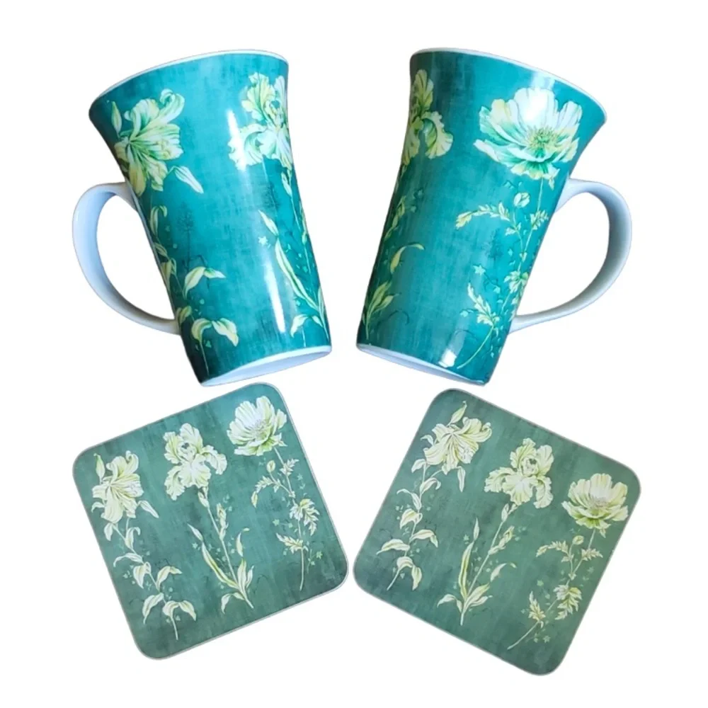 Set of 2 Porcelain Mugs and Matching Coasters